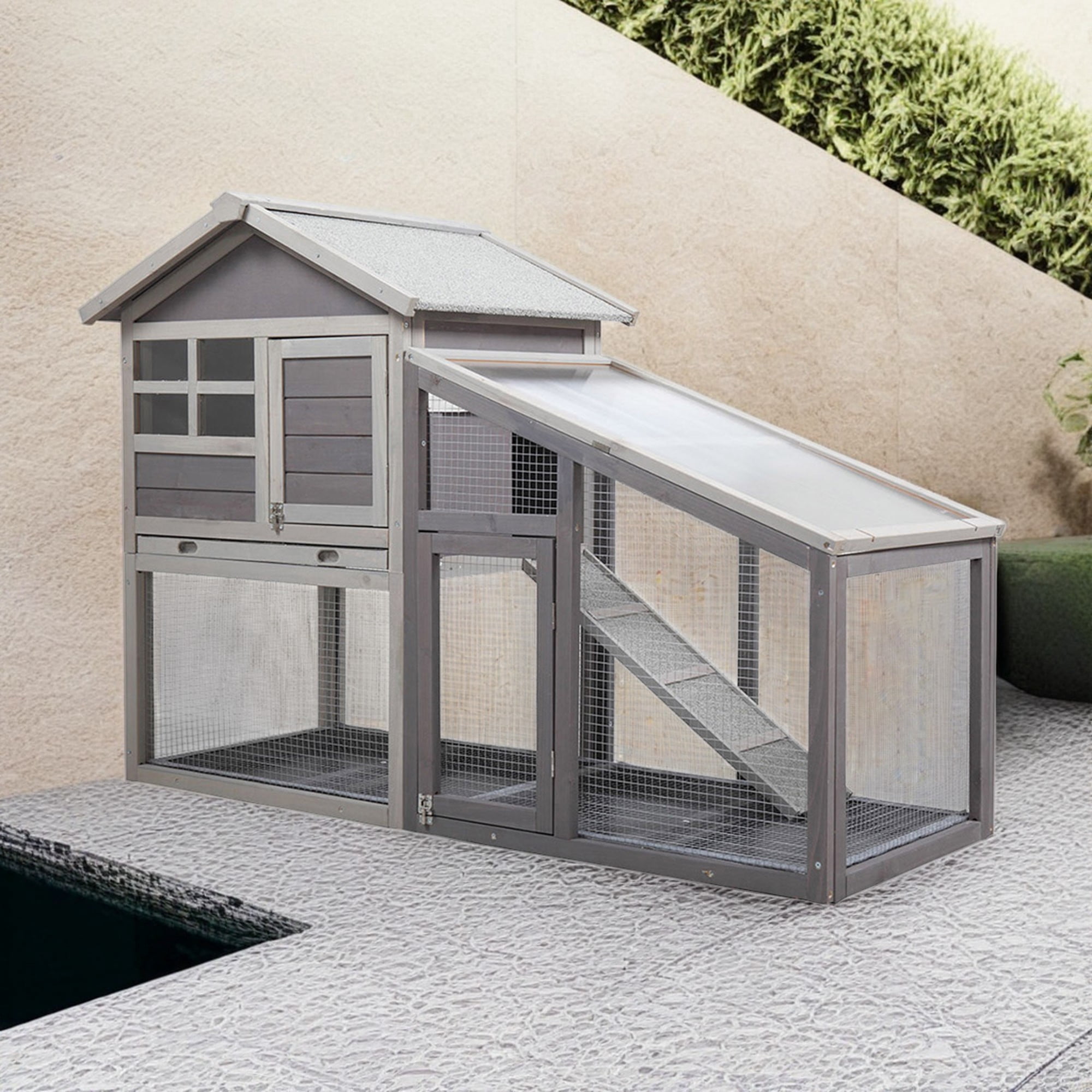 resenkos 56"Outdoor Rabbit Hutch, Indoor Rabbit Cage with Tray, Wood Bunny House Chicken Coops, Gray