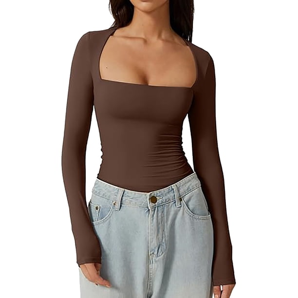 Camiseta sexy de cuello cuadrado y manga larga - Abrigo de otoño para chicas guapas, tejido suave y elástico, diseño a juego, adecuado para ocasiones informales
