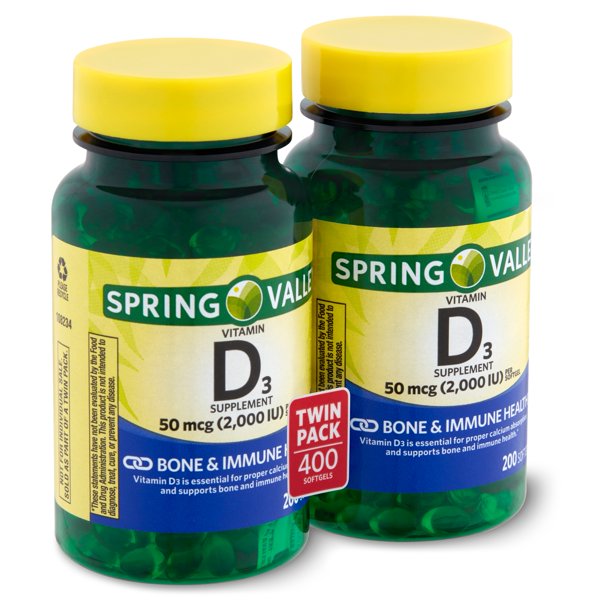 Spring Valley Vitamin D3 Supplement Twin Pack, 50 mcg, 200 count, 2