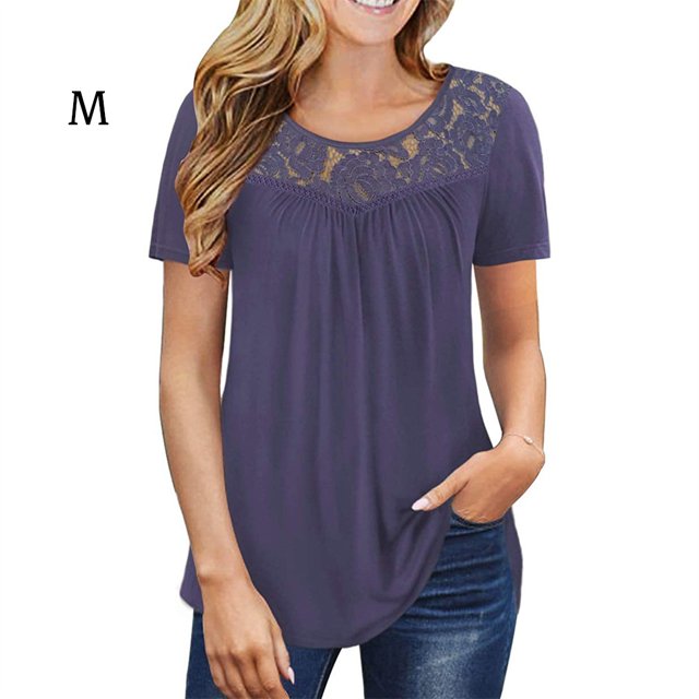 Qarigey Camiseta de mujer Túnica plisada Top Cuello Manga corta Blusa de encaje de encaje de manga corta Prendas para la parte del cuerpo Púrpura claro METRO Qarigey AP003108-12