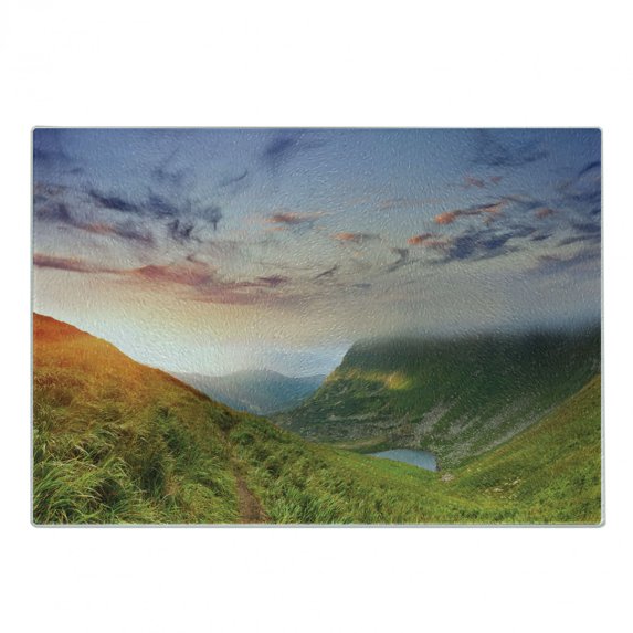 Mountain Cutting Board, Majestic Sunrise in Hills Mottled Clouds Fresh Grass Serenity Morning Mist, Decorative Tempered Glass Cutting and Serving Board, Small Size, Blue Green Orange, by Ambesonne