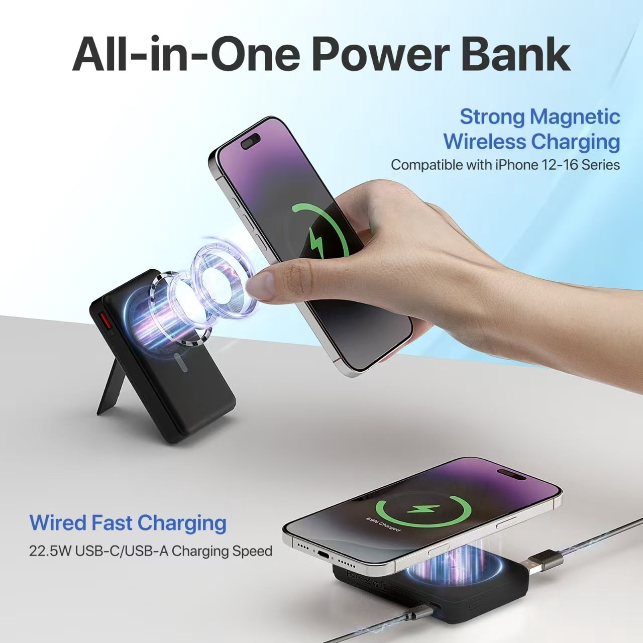 PGYOB Magnetic Power Bank 10000mAh, Wireless Power Bank, Portable Charger With 22.5W PD Fast Charging , LED Power Display for iPhone 15/16/14/13/12 Pro/Pro Max/Plus/Mini Series