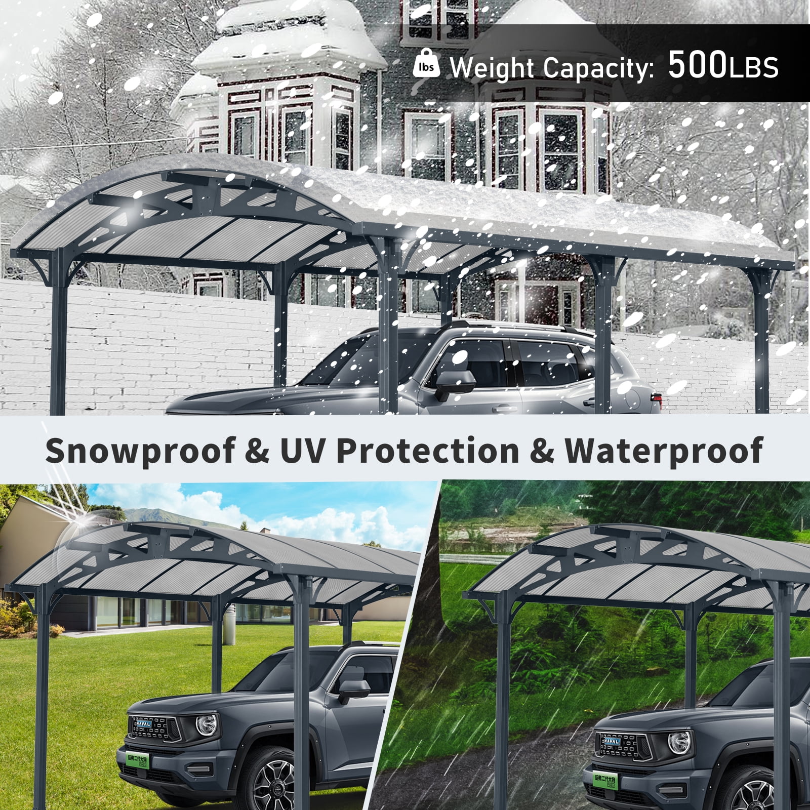 taoruifang 12x16 FT Arch Carport Aluminum Frame Polycarbonate Panels Outdoor Canopy Heavy Duty for Driveway Car Truck Black