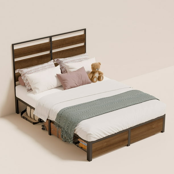 VERDALAY Cama de matrimonio de 192 cm x 140 cm con estructura industrial de madera y metal, cajones de almacenamiento debajo de la cama, sin necesidad de somier, color marrón