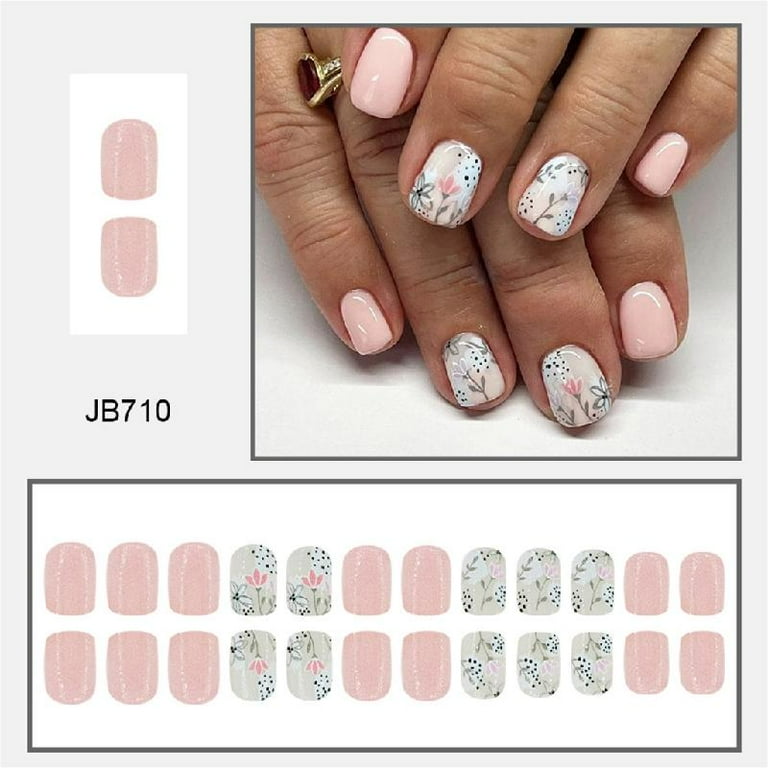 JZROCKER 24Pcs Square Press on Nails Glossy Designs French Fake Nails Acrylic False Nails,Artificial Nails Glues on Nails Women