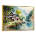 thumbnail image 2 of Designart art Mural Encadré Rivières Montagnes, Impression sur Toile Encadrée Rivière, Vieux Village au Bord de la Rivière et Montagnes, art Mural Traditionnel Vert Doré, 32x16 Pouces Cadre Doré, 2 of 5