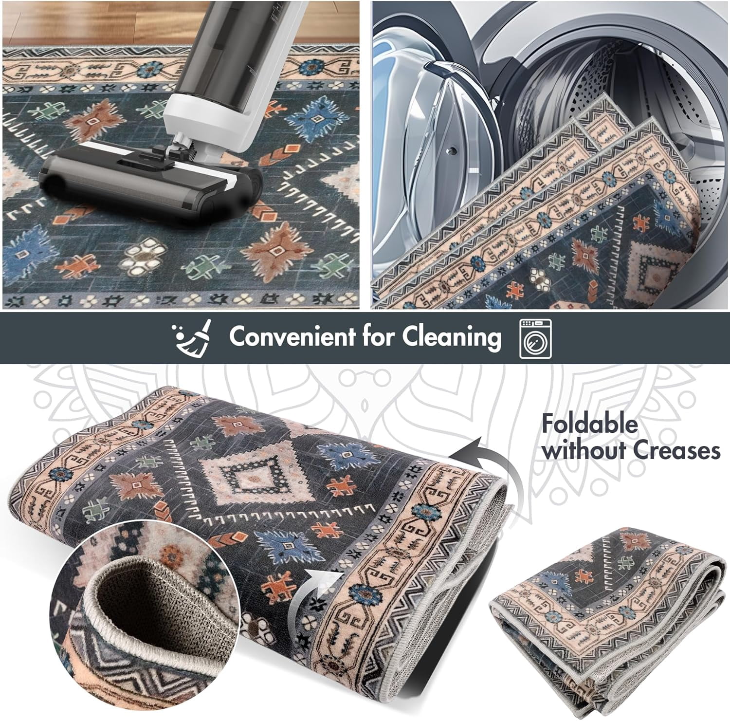 4 Piece Boho Vintage Kitchen Rugs Set with Runner, Non-Slip Kitchen Floor Mats, Soft High Pile Durable Accent Rugs for Kitchen Laundry Hallway Bathroom
