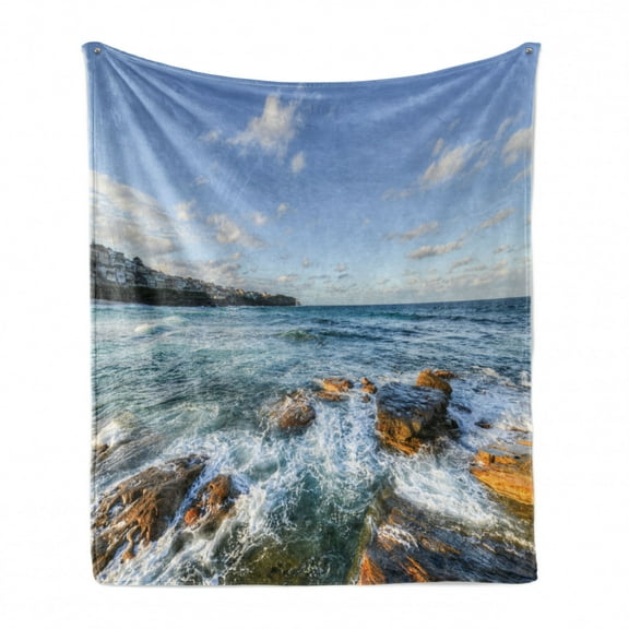 Australia Beach Soft Flannel Fleece Blanket, Panoramic Sea Landscape Image of Foamy Waves Clouds Ocean Rocks in Sydney, Cozy Plush for Indoor and Outdoor Use, 50" x 70", Multicolor, by Ambesonne