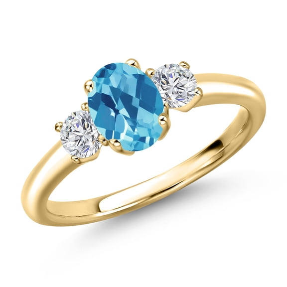 Gem Stone King 10K Yellow Gold Swiss Blue Topaz and Lab Grown Diamond Engagement Ring for Women | 1.34 Cttw | Oval Checkerboard 7X5MM | Gemstone November Birthstone | Size 7