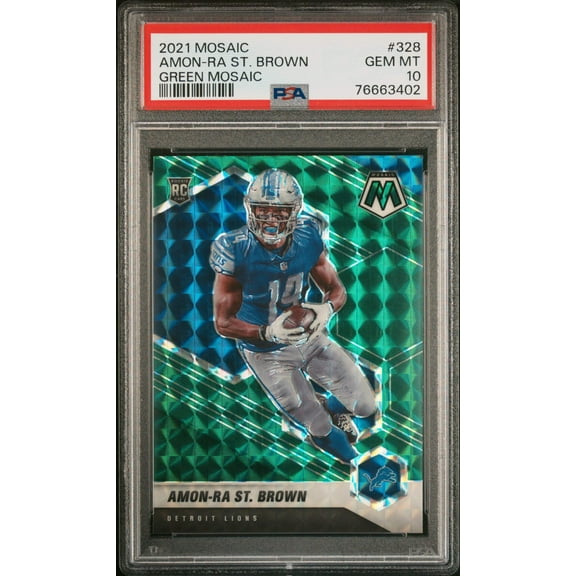 Graded 2021 Panini Mosaic Amon-Ra St. Brown #328 Green Mosaic Rookie RC Football Card PSA 10 Gem Mint