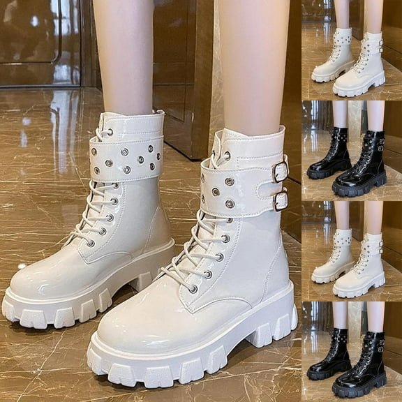 Women's Winter Boots Lace-Up Chunky Heel Mid-Calf Thick Sole Casual Solid Color Belt Buckle Round Toe Durable Fashion Footwear