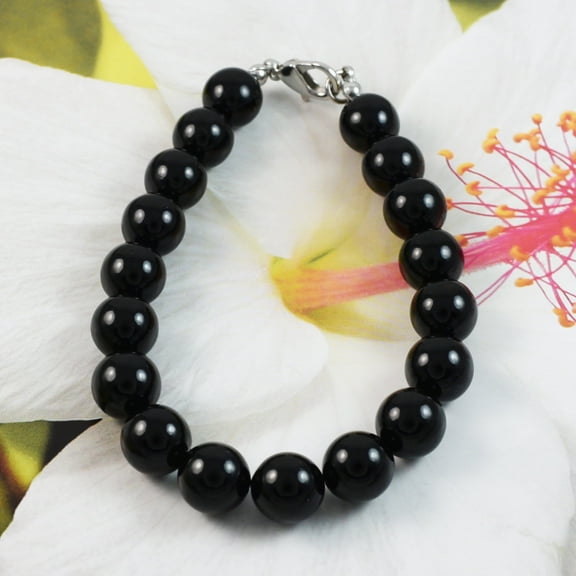 Unique Gorgeous Large Hawaiian Genuine Black Coral Bracelet, Stainless Steel Black Coral Round Beads Bracelet, B3357