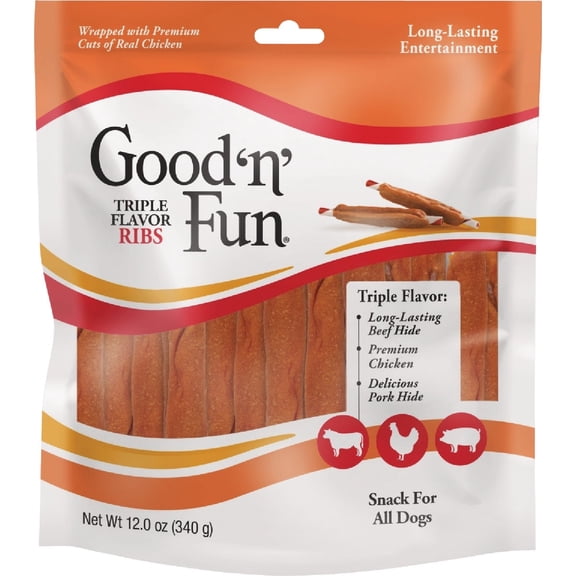 Good'n'Fun Triple Flavor Ribs 12 Ounces, Rawhide Snack for All Dogs, Multicolor, Model Number: P-94417