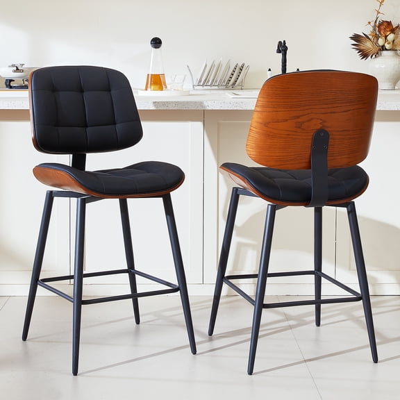 GrandNoor Mid Century Modern Bar Stools Set of 2 for Kitchen Island,Upholstered Black Faux Leather Counter Height stools,26 Inch Counter stools with Walnut Grain Back