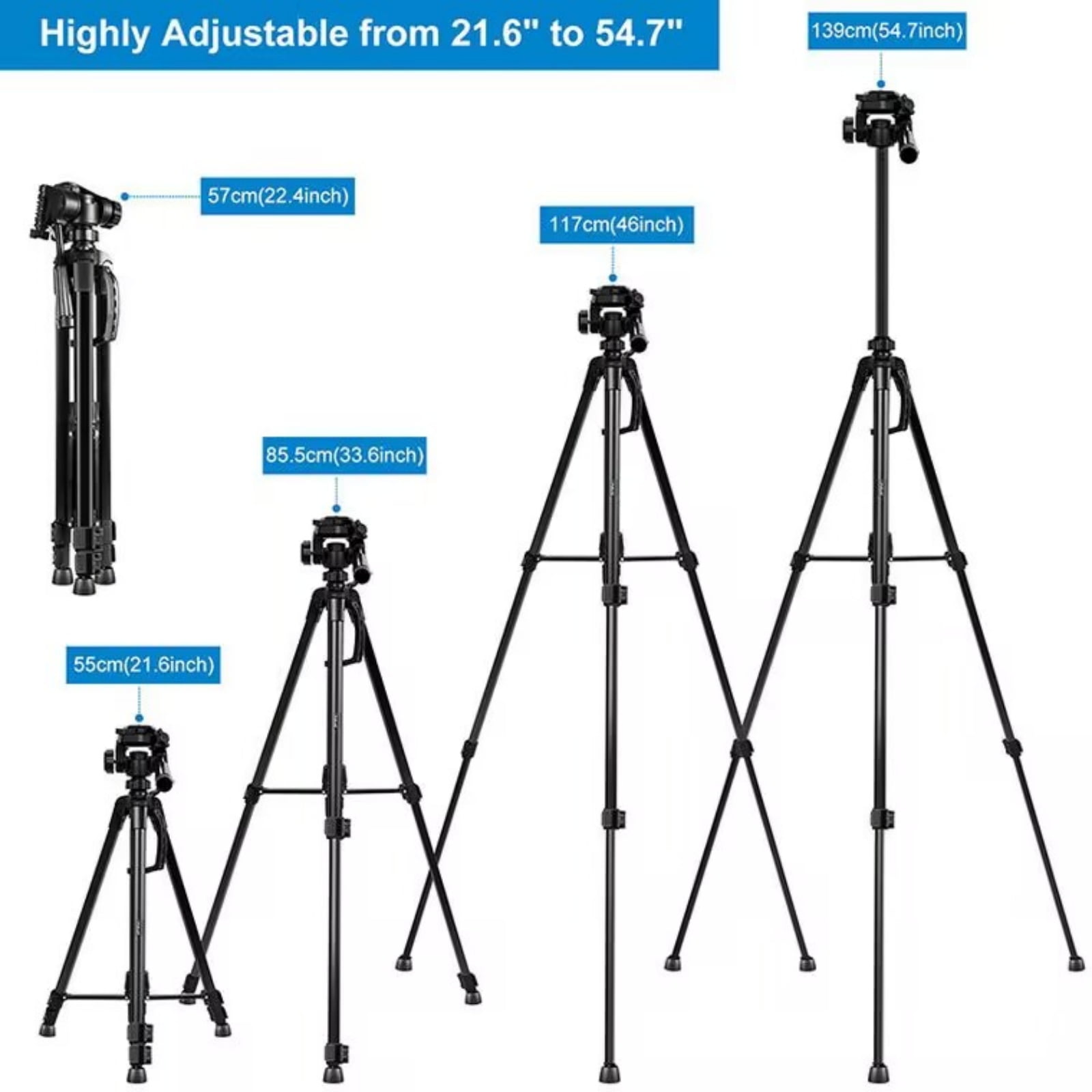 55" Phone Tripod, Aluminum Extendable Tripod Stand, Carrying Bag, Compatible with iPhone/Android/Sport Camera&Insta 360 x5 Perfect for Video Recording/Selfies/Live Stream/Vlogging