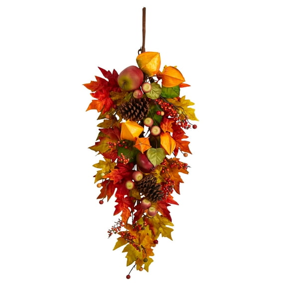 Nearly Natural 35" Autumn Maple Leaf and Berries Artificial Plant Fall Teardrop, Orange