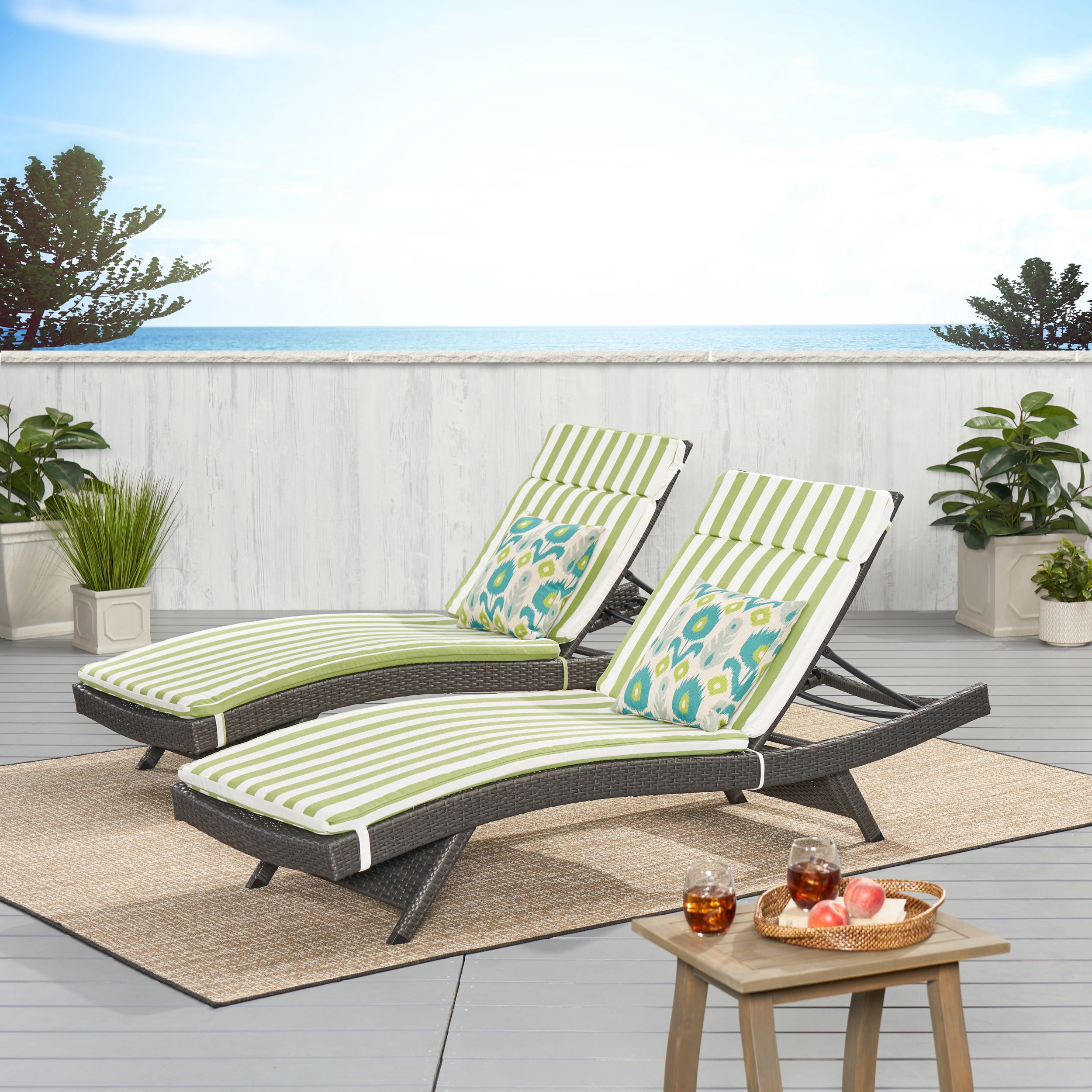 Noble House Salem Outdoor Wicker Chaise Lounge in Gray and Green (Set of 2)