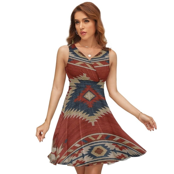 Southwestern Geometric Women's Tank Dress V Neck Sleeveless Summer Sundress