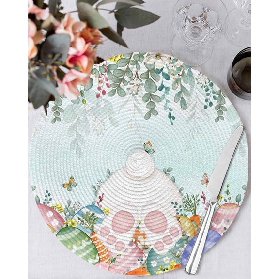 13 Inch Round Placemats Set of 4, Cute Easter Bunny Non Slip Heat Insulation PP Table Mats, Eucalyptus Leaves Colorful Eggs Teal Washable Place Mats for Kitchen Dining Party Table Decor