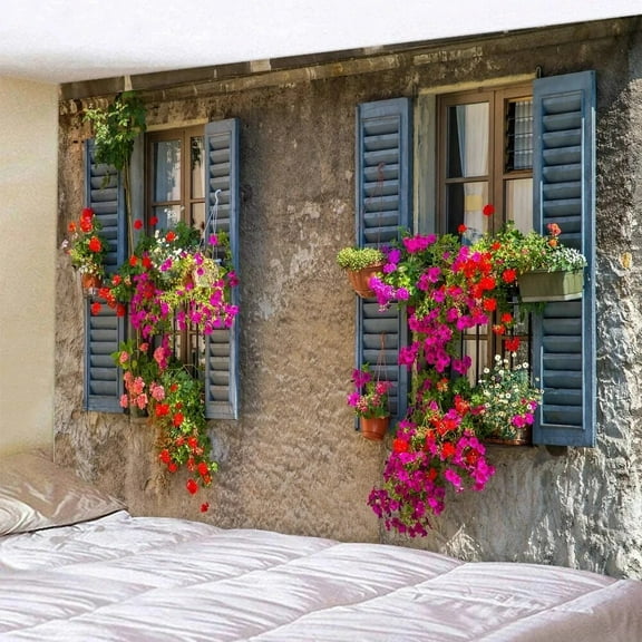 Window Red Flower Bonsai Printed Fabric Tapestry rative Wall Art Room Wall Hanging Cloth N