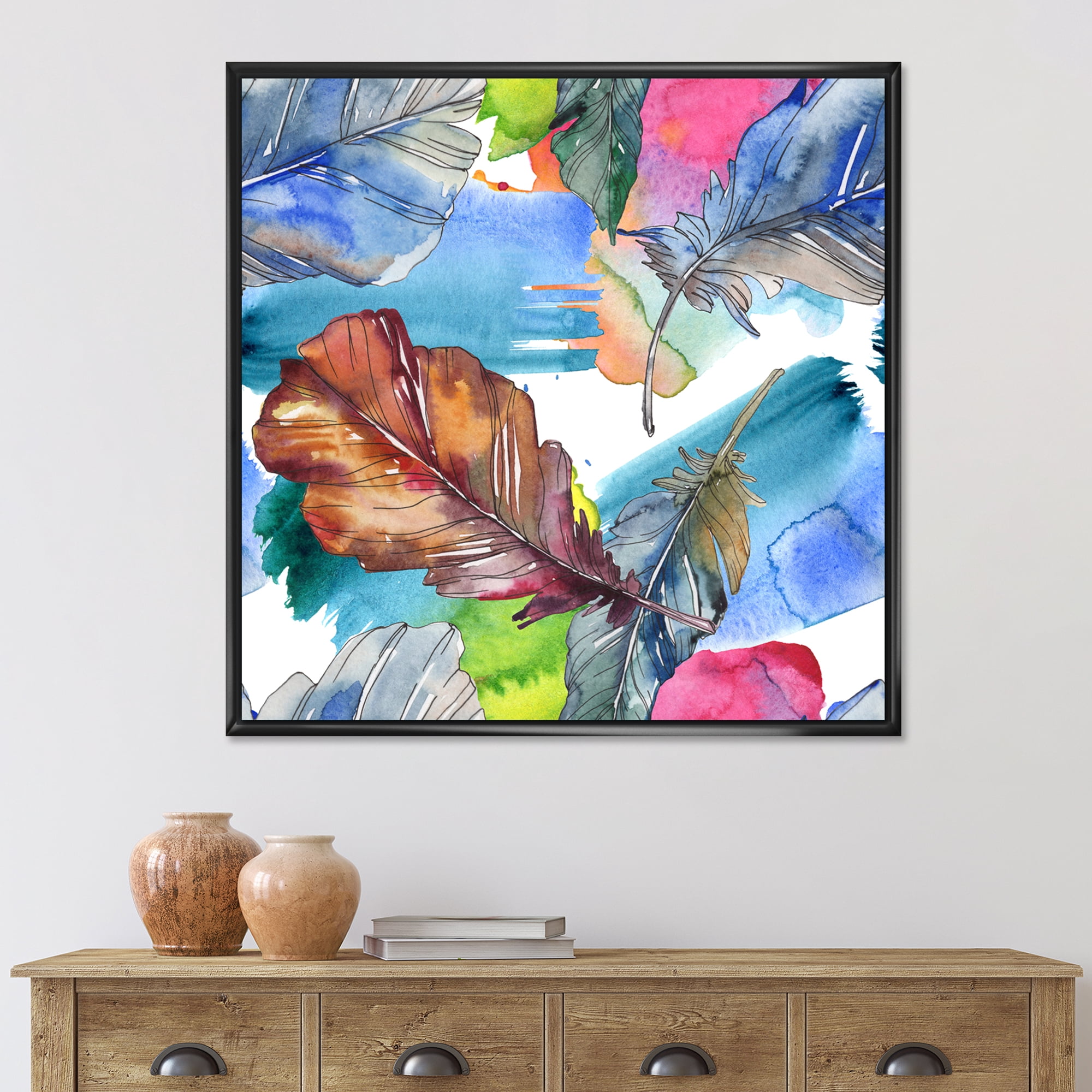 Bird Feather In Pink and Blue 30 in x 30 in Framed Painting Canvas Art Print, by Designart