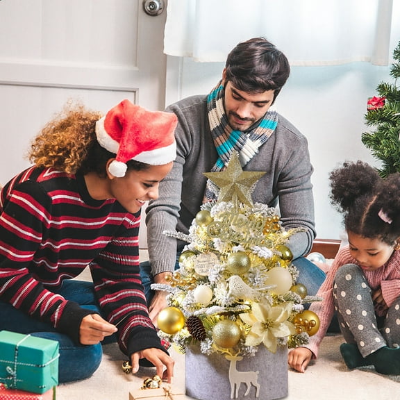 Table Top Christmas Tree,Pre Lit Christmas Tree Decorated Artificial Snow Xmas Tree with Ornaments Bow Pentagram Pinecones and LED String Lights for Office Home Decor,Gold