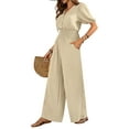thumbnail image 2 of Womens Jumpsuits Short Sleeve V Neck Dressy Casual Wide Leg Pants Romper Beige L, 2 of 9
