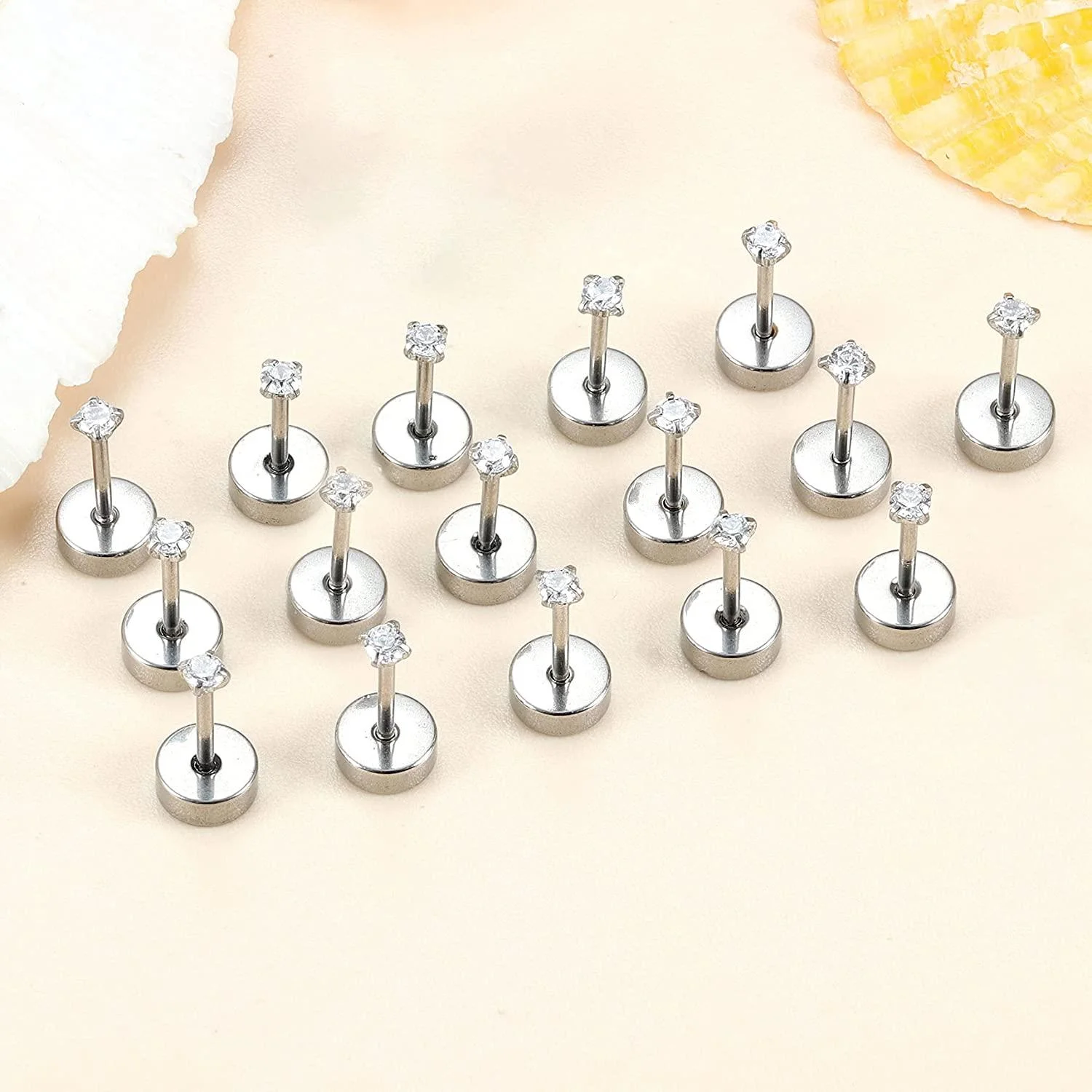 Xukmct 18 Pairs Studs Earrings 2mm Round Cubic Zirconia Earring Flatback 316L Stainless Steel Studs Earrings for Women Men, Silver