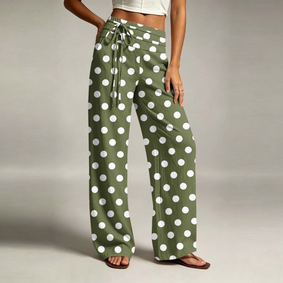 Costeam Womens Polka Dot Print Casual Pants Decorative Side Tie Detail Dual Side Hand Pockets Elastic High Waist Straight Leg Loose Fit Soft Lightweight Long Trousers