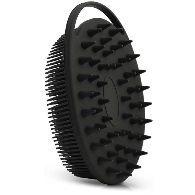 Cepillo exfoliante corporal y masajeador de cuero cabelludo de silicona, herramienta de ducha exfoliante 2 en 1 para pieles sensibles, color negro.