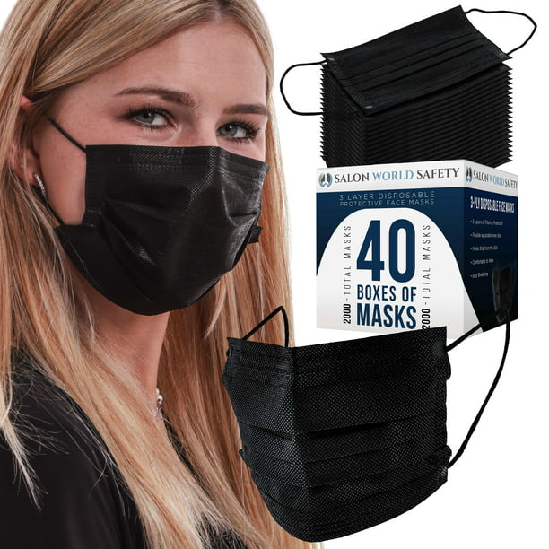 Salon World Safety Black Masks Bulk 40 Boxes (2000 Masks) in Sealed Dispenser of 50 - Layer Disposable Protective Face Masks with Nose Clip & Ear Loops - 3-Ply Non-Woven Fabric - Walmart.com