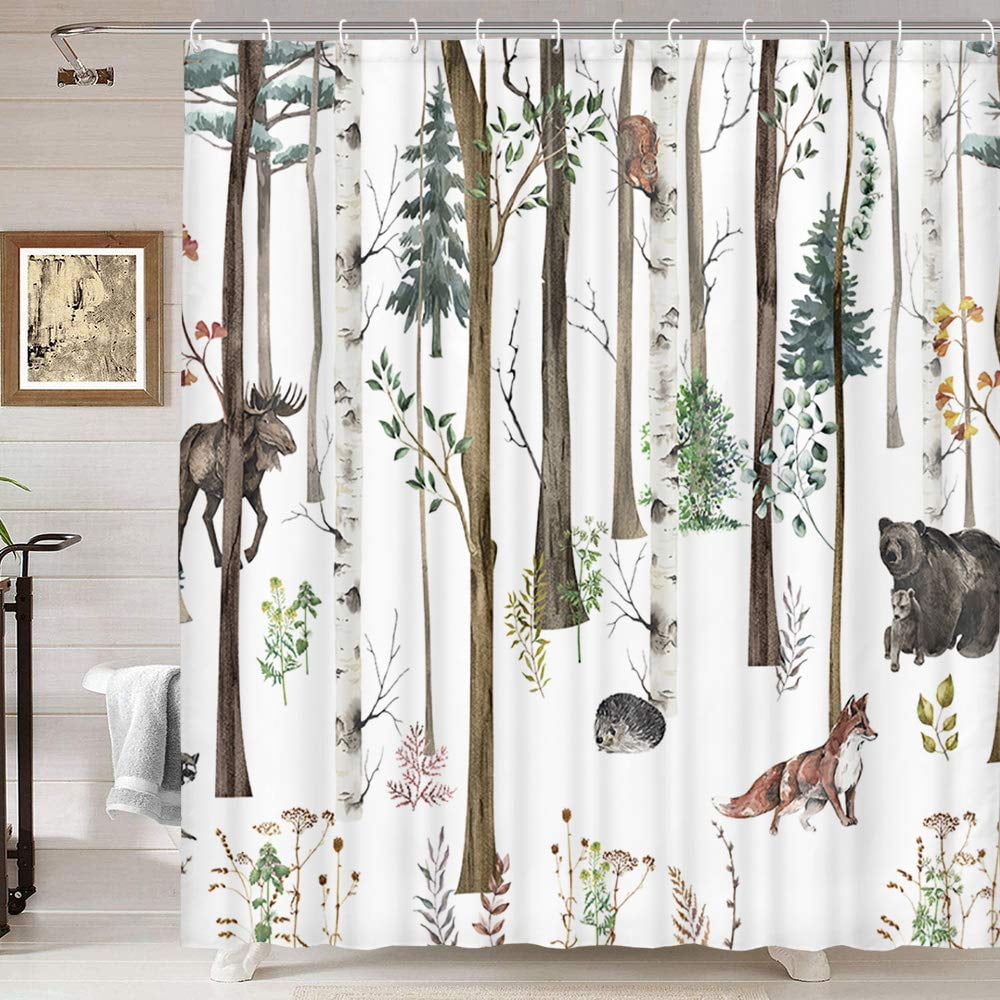 Rustic Forest Shower Curtain for Bathroom, Rustic Lodge Forest Cabin Shower Curtain Country Hunting Bathroom Curtain, Wild Animal Bear Moose Deer Fox in Forest Shower Curtain 70X84IN with 12PCS Hooks