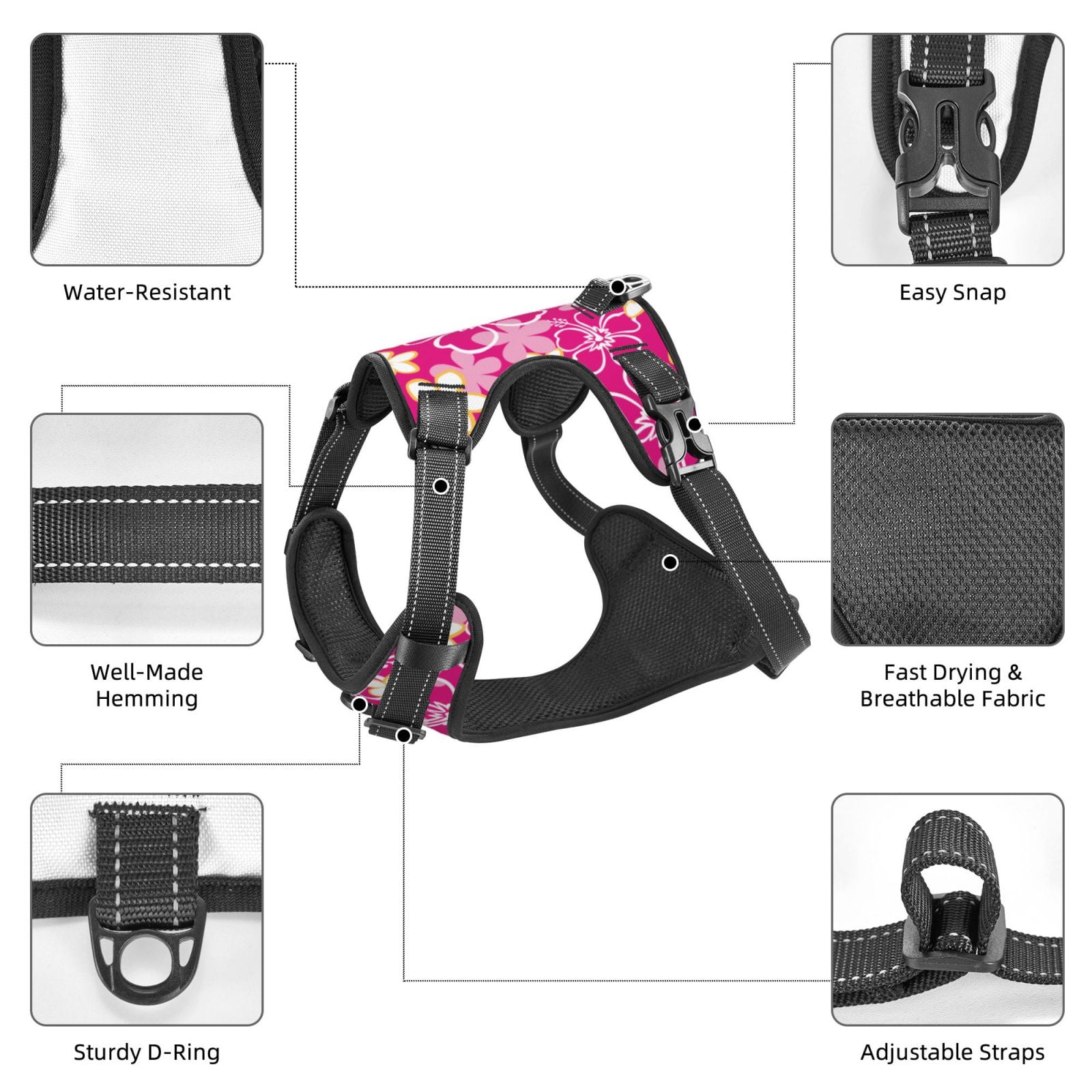 Fuzoiu Vintage Flowers Print Reflective Dog Harness,Adjustable, Breathable Pet Vest,Dog Harness No Pull,No Choke Pet Vest for Small, Medium, and Large Dogs-Small