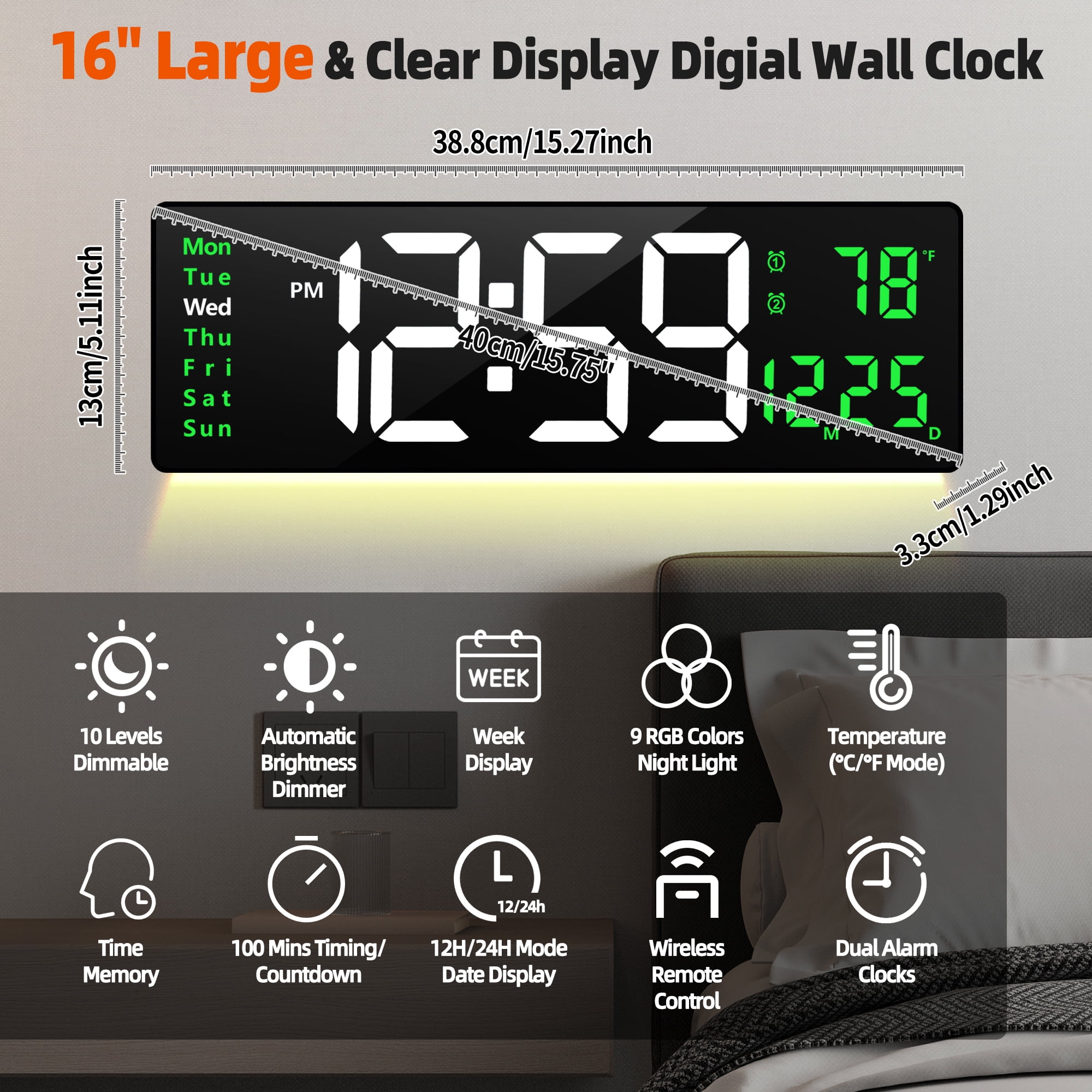 16-inch Large Display Wall Clock with Remote Control, 2 Alarms, Automatic DST, Temperature, Memory Battery for Living Room, Bedroom, Gift for Christmas,Mother's Day, Father's Day