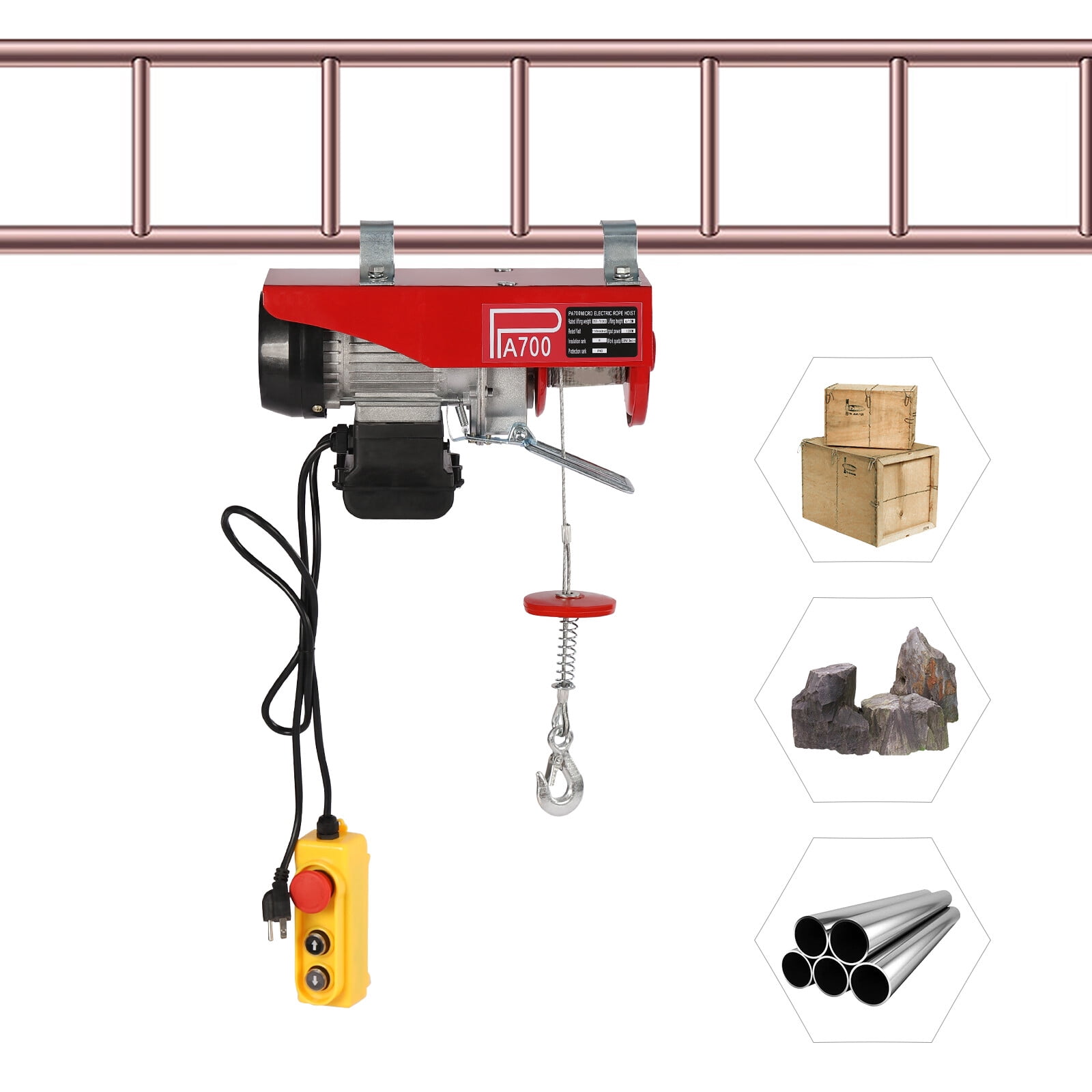 9.5*4*8.6in 1543lbs Red Overhead Electric Hoist Crane Lift Garage Winch with Remote 110V for Factories