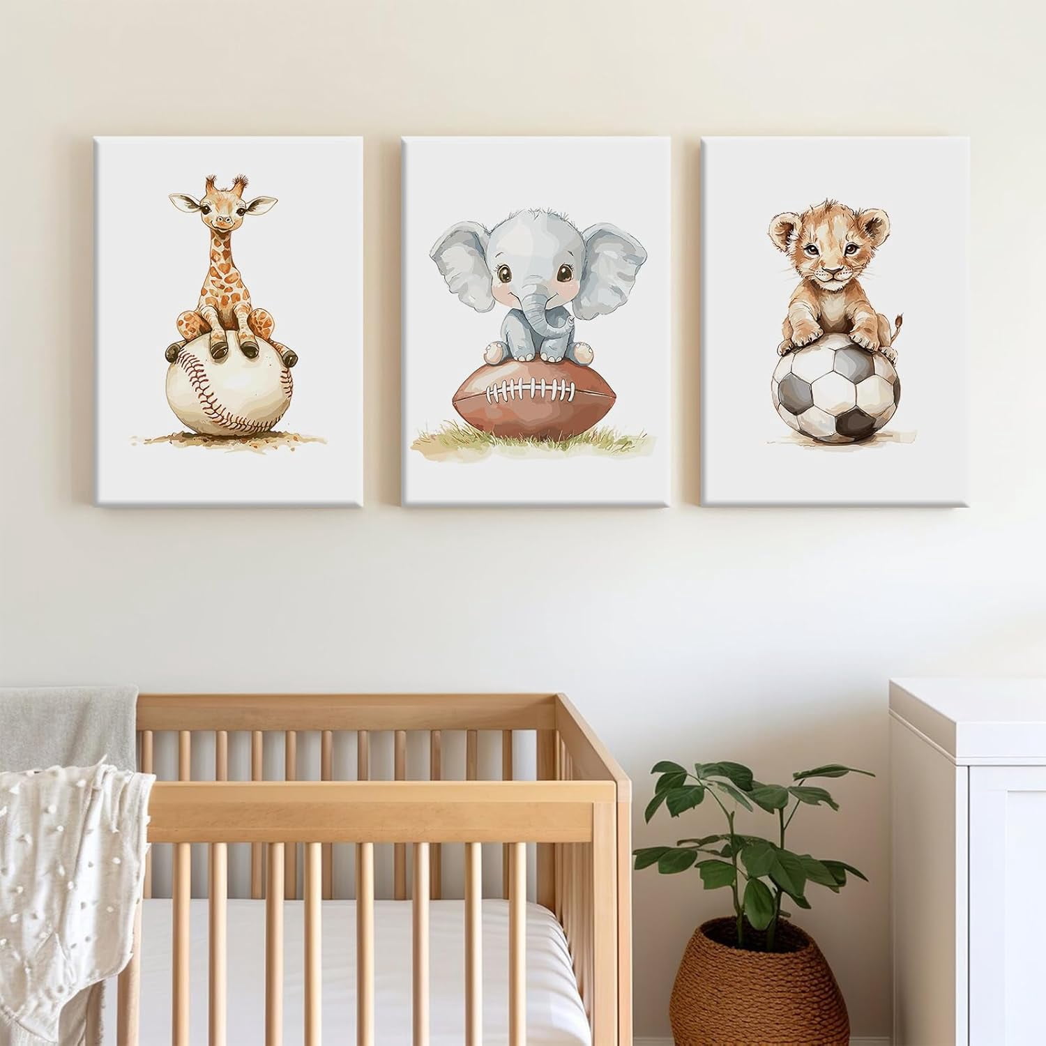 Sports Nursery Wall Art Baby Boys Room Canvas Pictures Safari Animal Wall Decor Jungle Nursery Prints Kids Poster Cute Painting Football Soccer Baseball Artwork for Bedroom 12x16x3 Inch Ready to Hang