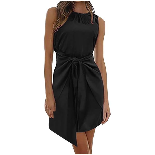 Bowake Robe en Satin pour Femmes Été Col Rond Sans Manches Ceinture Élégante Robe de Cocktail Mini