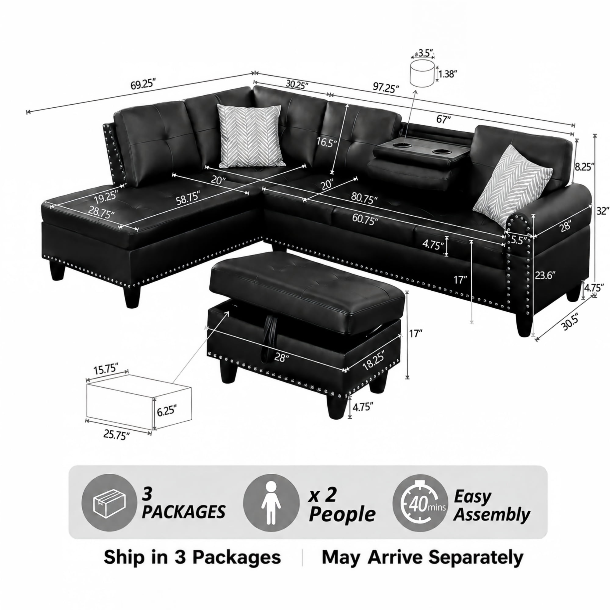 BSHTI Light Gray Linen L-Shaped Sectional Sofa with Reversible Storage Chaise for Living Room, Storage Ottoman & Cup Holders, 3-Seat Contemporary Couch