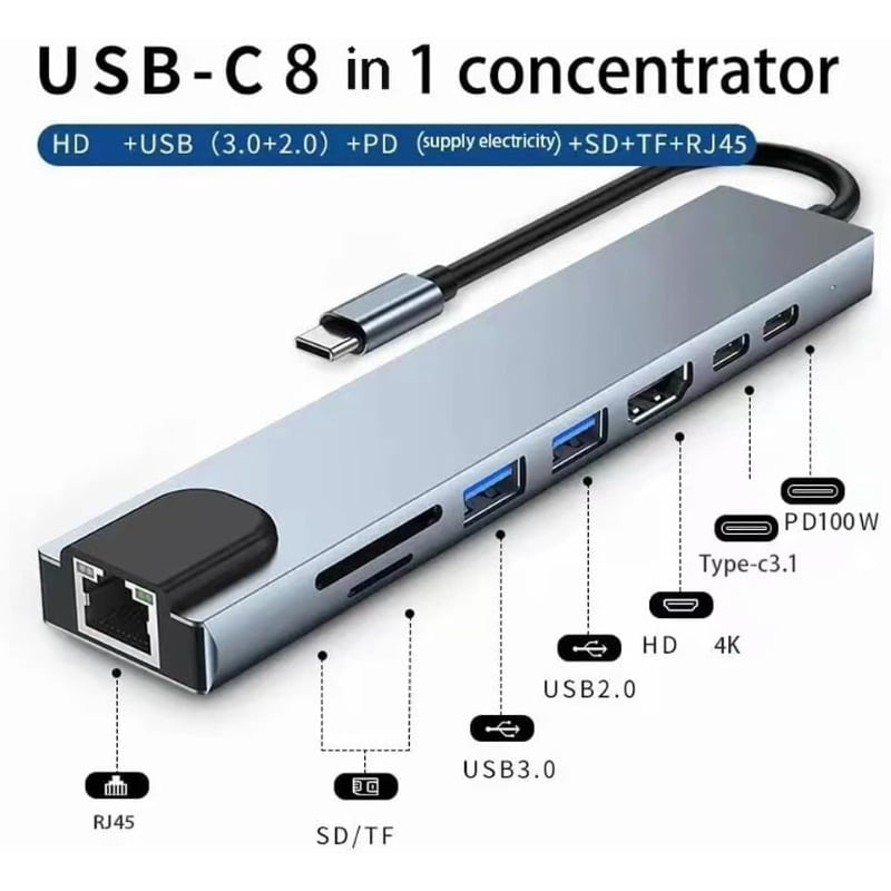 Generic USB 8 in 1 Type C 3 1 to 4k Hd Hub Adapter with Sd Tf Rj45 Card Reader Pd Fast Charge for Macbook Notebook Computer, Silver