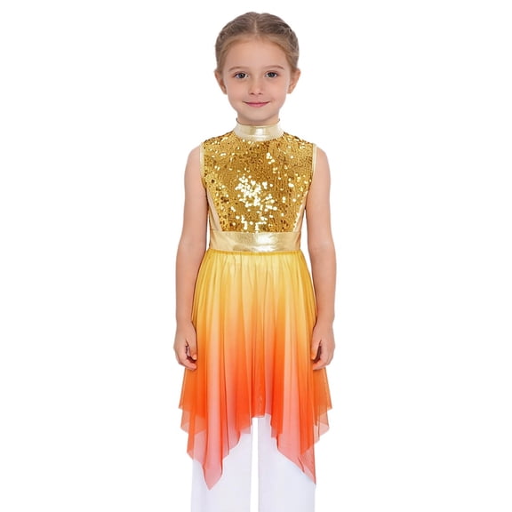 Haitryli Girls Liturgical Worship Praise Dance Tunic Dresses Lyrical Contemporary Dancewear Shiny Sequins Bodice Dress Gold 12
