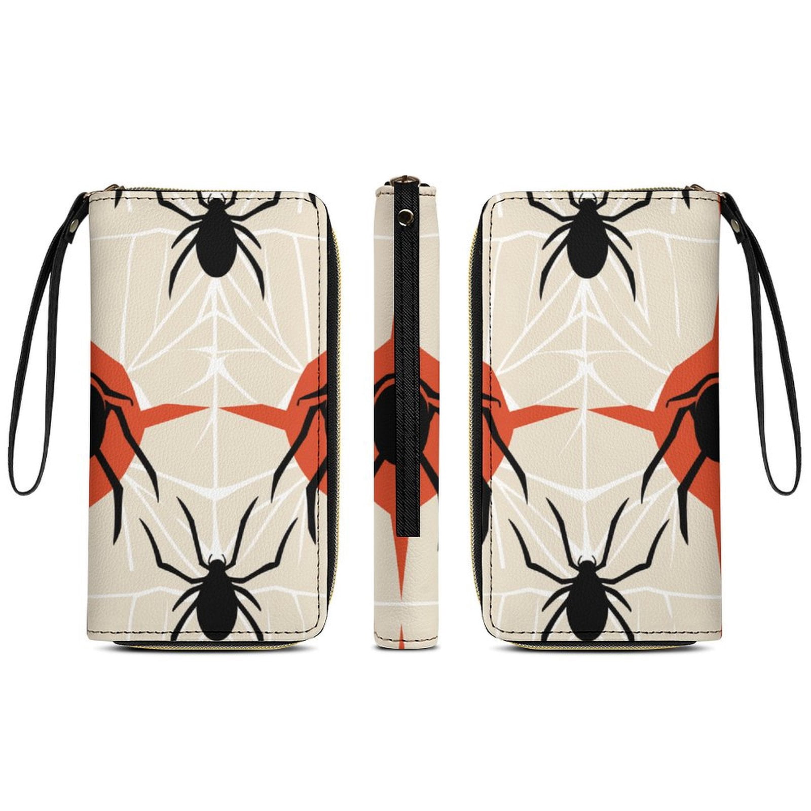 Womens Wallet Bifold Ladies Cluth Bag Wristlet Wrist Strap Long Purse Spiders Design