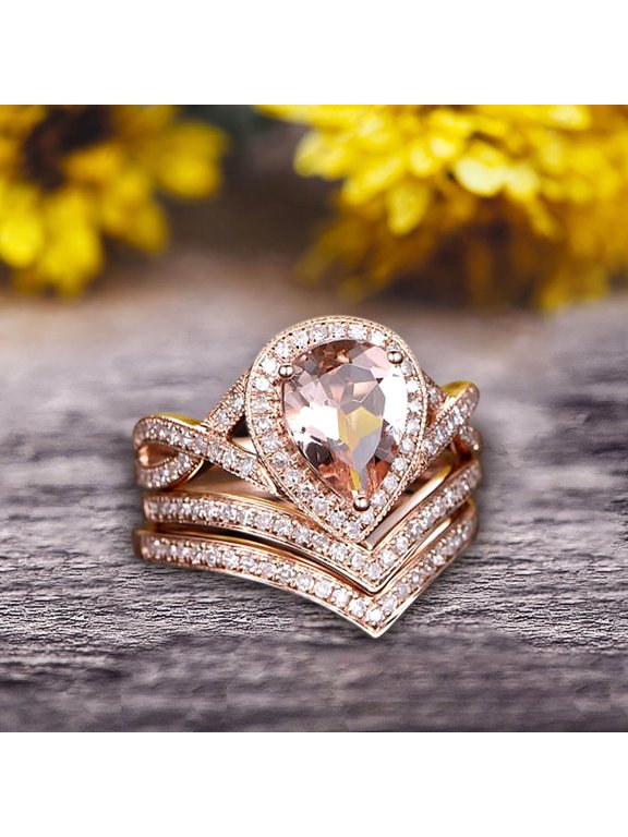 Milgrain 10k Rose Gold 2.25 Carat Morganite Engagement Ring Trio Set Wedding Ring Pear Shape Natural Pink Morganite Ring Curved V-Shape Stacking Matching Wedding Band Art Deco Halo Ring