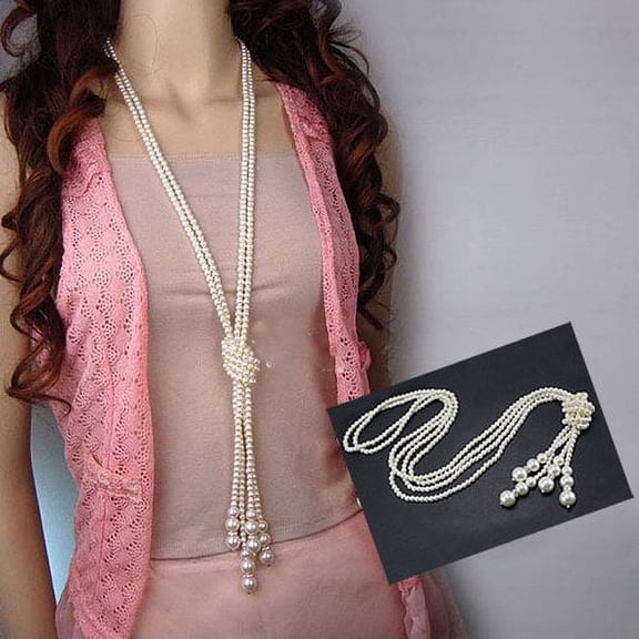 Besufy Women Elegant Faux Pearl Tassel Pendant Long Chain Charms Sweater Necklace