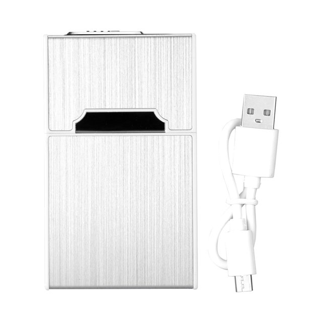 Caja portátil para cigarrillos con soporte para cigarrillos de 20 piezas con encendedor electrónico con carga USB (plateado)