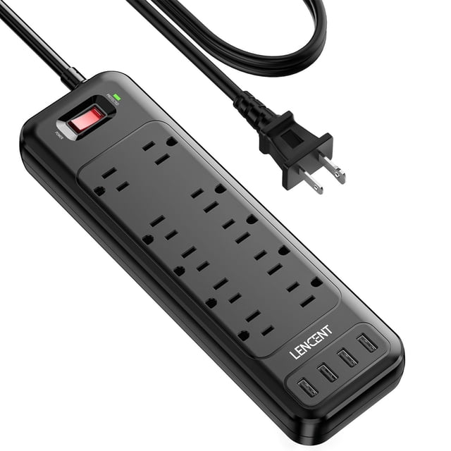 LENCENT Regleta de 2 clavijas, adaptador de salida polarizado de 3 clavijas a 2 clavijas, protector contra sobretensiones 1700J, cable de extensión de 6 pies, 10 salidas de CA y 4 USB (5 V 3,4 A máx.)