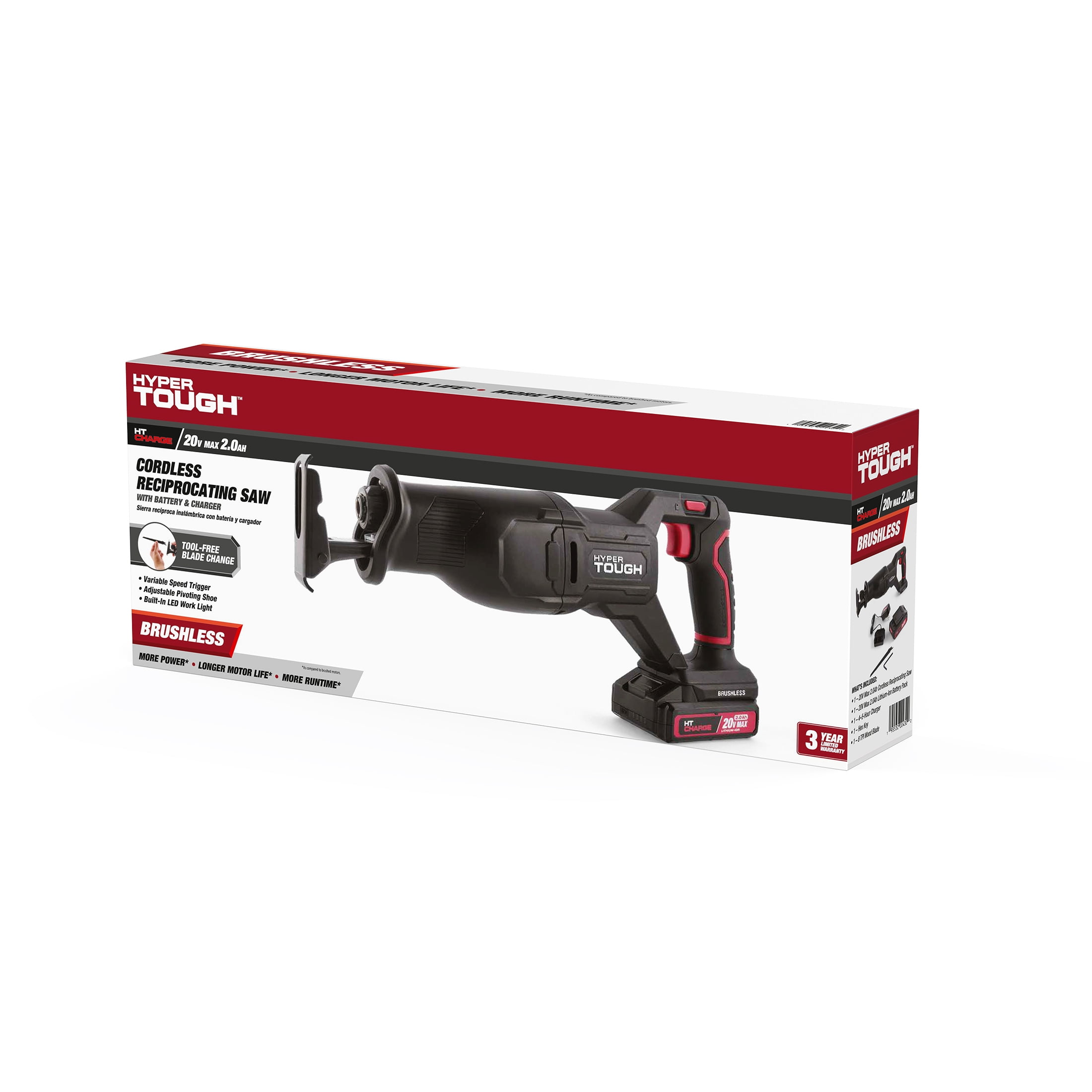 Hyper Tough 20V Brushless Reciprocating Saw, with 2.0Ah Battery Pack and Standard Charger, 43010.1