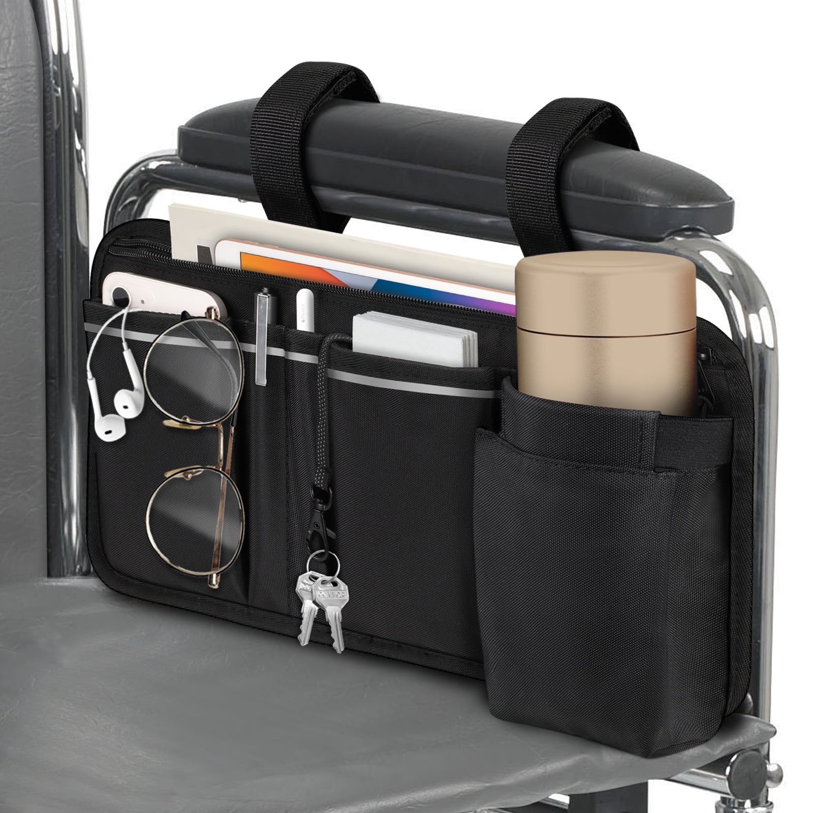 FINPAC Wheelchair Side Storage Bag, Wheelchair Armrest Accessories Pouch with Cup Holder, Pen Slot and Reflective Strips for Power Walkers, Rollators, Seniors, Black