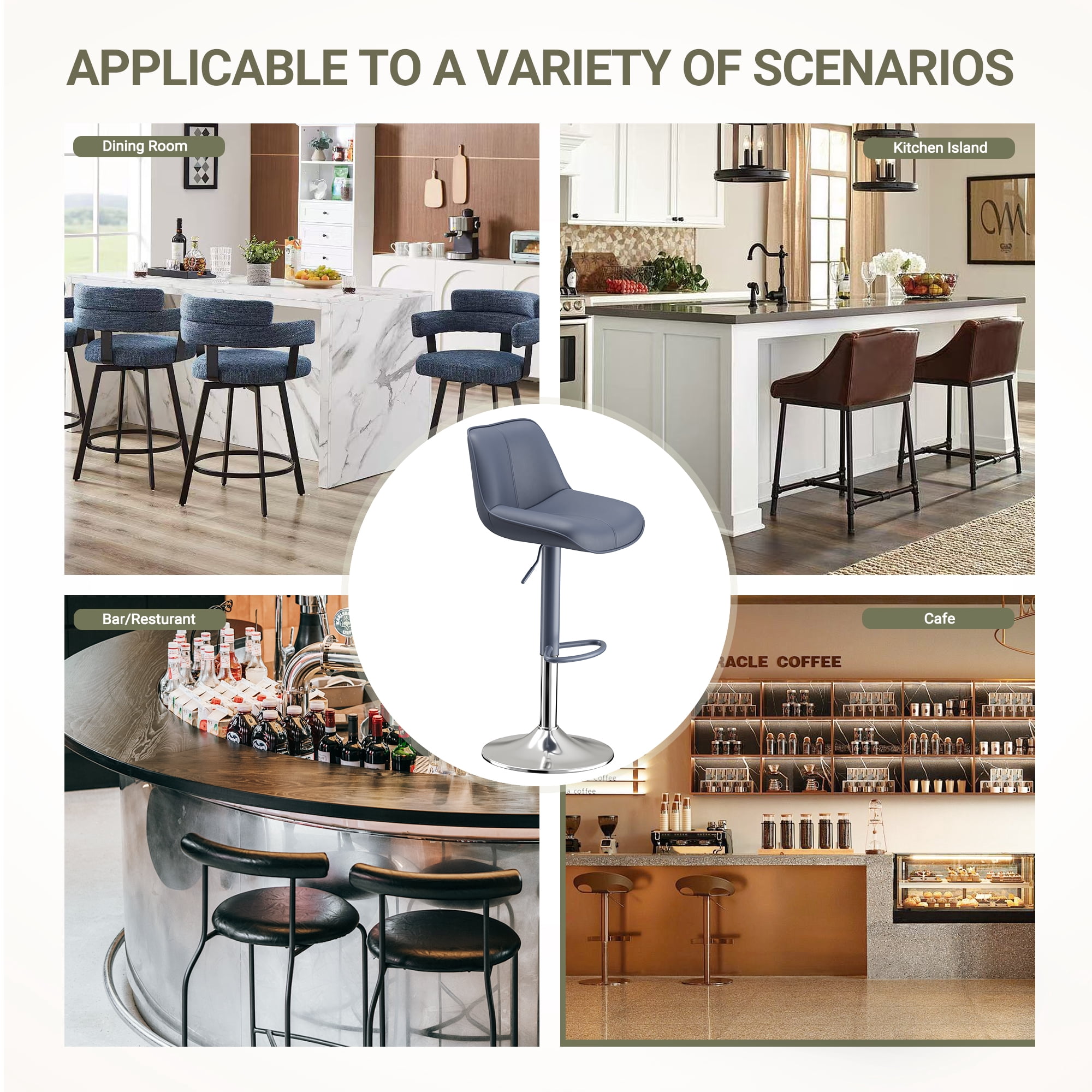 EOP Upholstered Bar Stools Set of 4, Adjustable Swivel Counter Height Bar Chairs with Backrest, Modern PU Leather Counter Stools for Bar, Kitchen, Dining Room, Blue