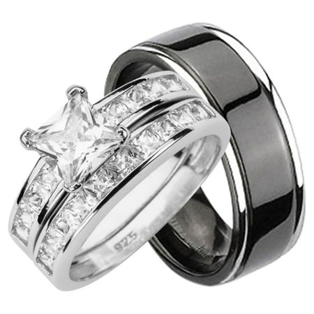 His and Hers Wedding Rings Set Sterling Silver Titanium Matching Bands for Him and Her (10/13)