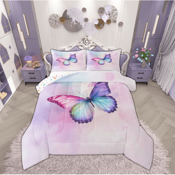Manfei Dreamy Butterfly Child Bedding Comforter Set, Pink Watercolor Art Twin Comforter Sets, Romantic Anniversary Reversible Bedding Set, Luxury Bedroom Decor, 2 Pieces